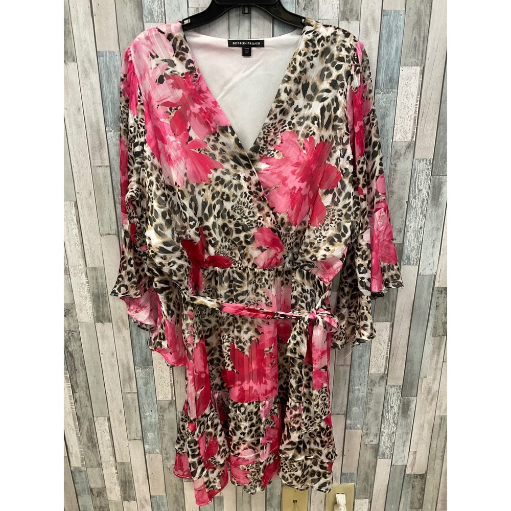 Boston Proper Tan Pink Floral Dress Sz L